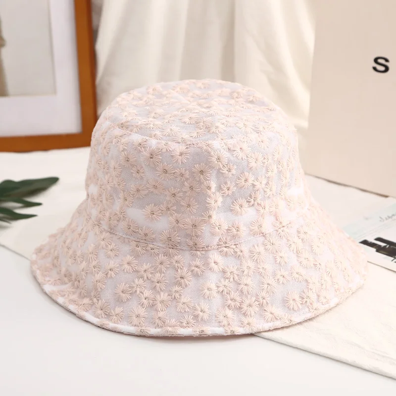 Women Panama Lace Transparent Embroidered Bucket Hat Girl Flower Sun Hat Korean Fisherman Cap Japanese Beach Solid Basin Caps