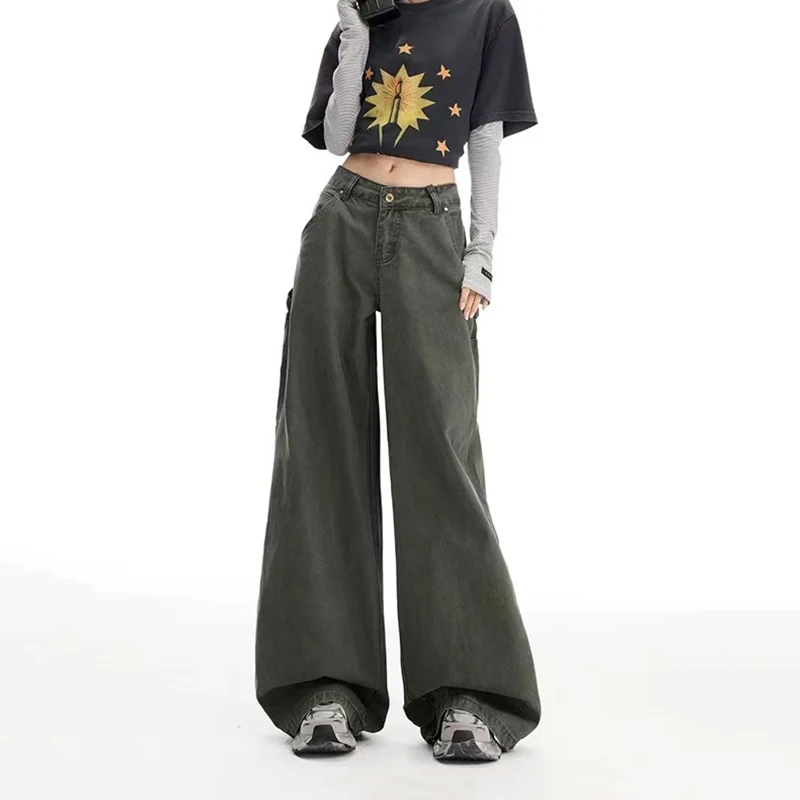 Jean Cargo vert armée à jambes larges pour femmes, taille haute, Streetwear, pantalon droit ample, mode coréenne, pantalon Denim décontracté, automne