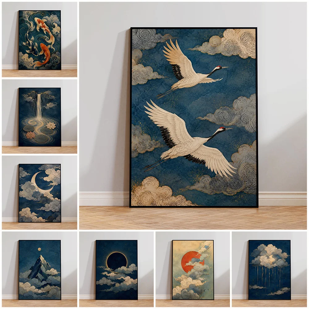 Japanese-style Crane Poster Featuring A Blue and Gold Color Scheme, Vintage Ukiyo-e Aesthetic, and Bird-themed Wall Art