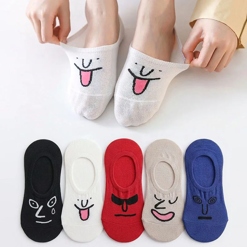 5/10 Pairs Women Breathable Invisible Socks Thin Spring Summer Cartoon Cute Expression Silicone Anti Slip Cotton Casual Socks