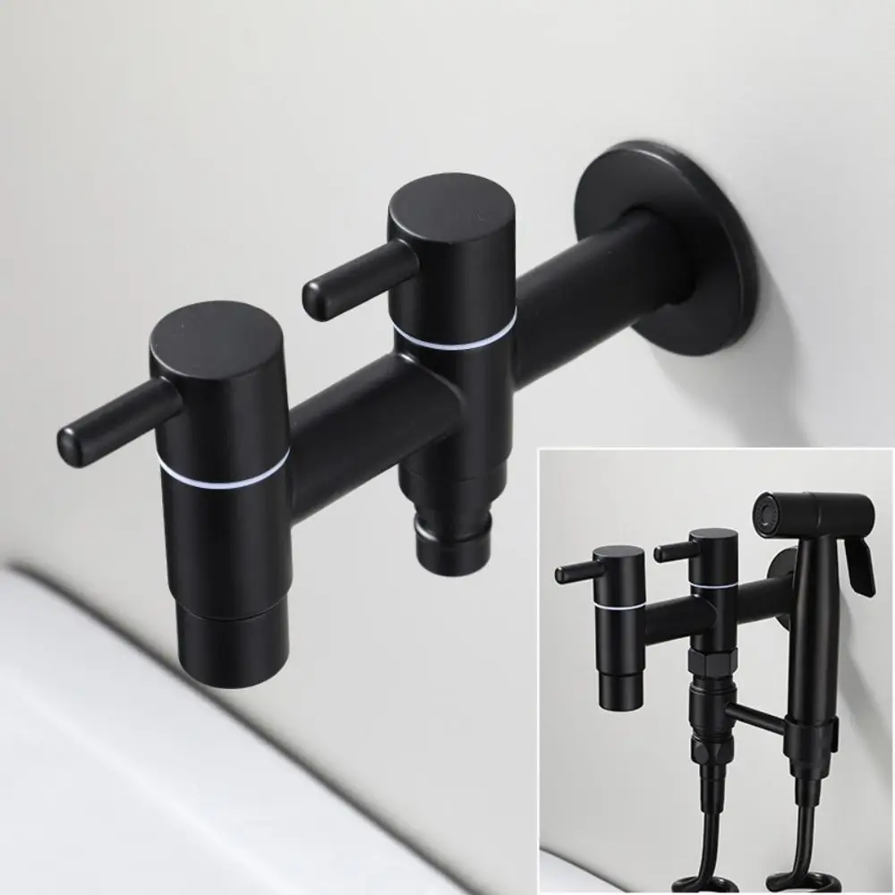 

304 Stainless Steel Washing Machine Faucet Anti Splash Matte Black Mop Washing Tap Wall Mounted 1in 2out Bathroom Sink Bibcock
