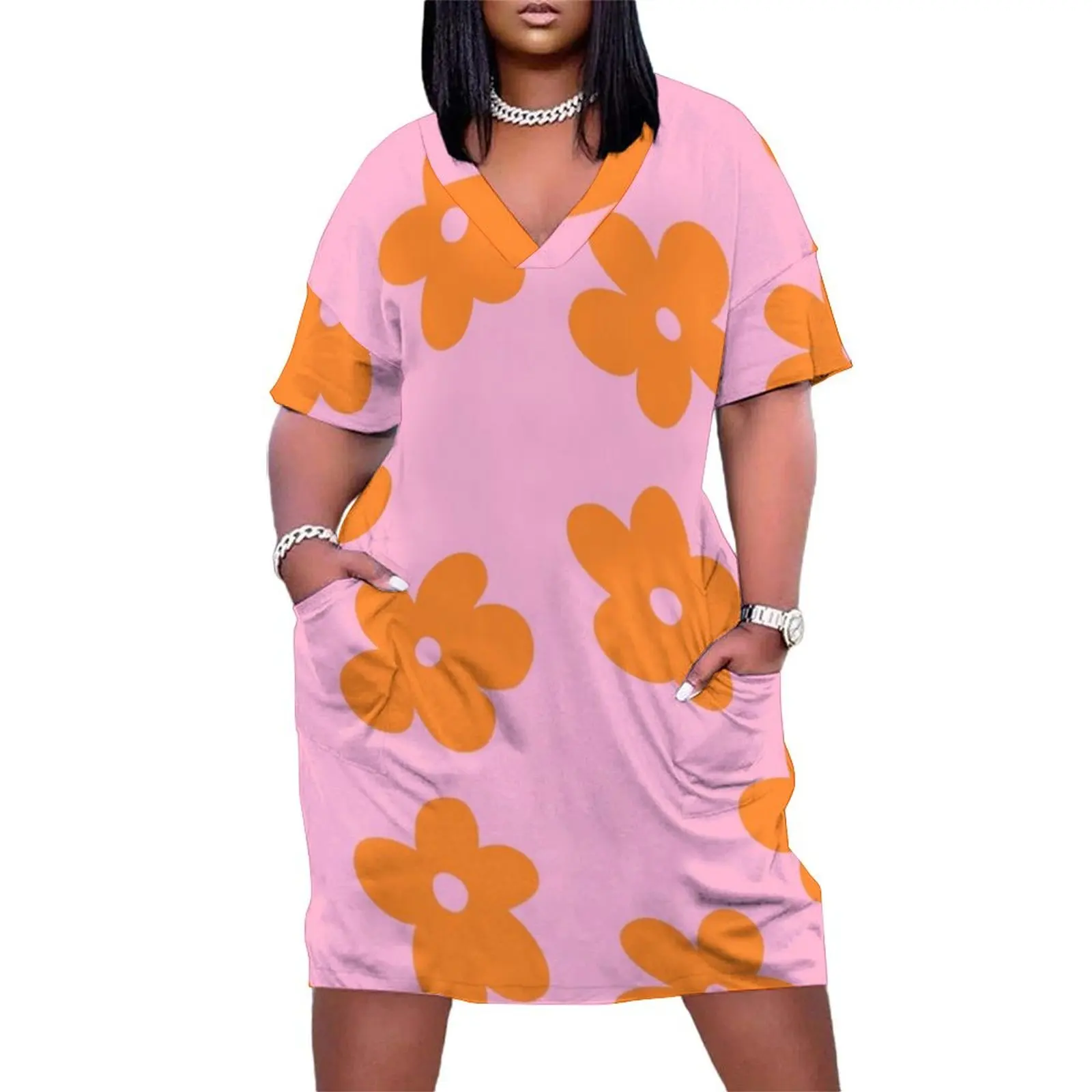 

Pink and Orange, Retro, Groovy Flowers Pattern Loose Pocket Dress birthday dress dresses for womens 2025 dresses for women