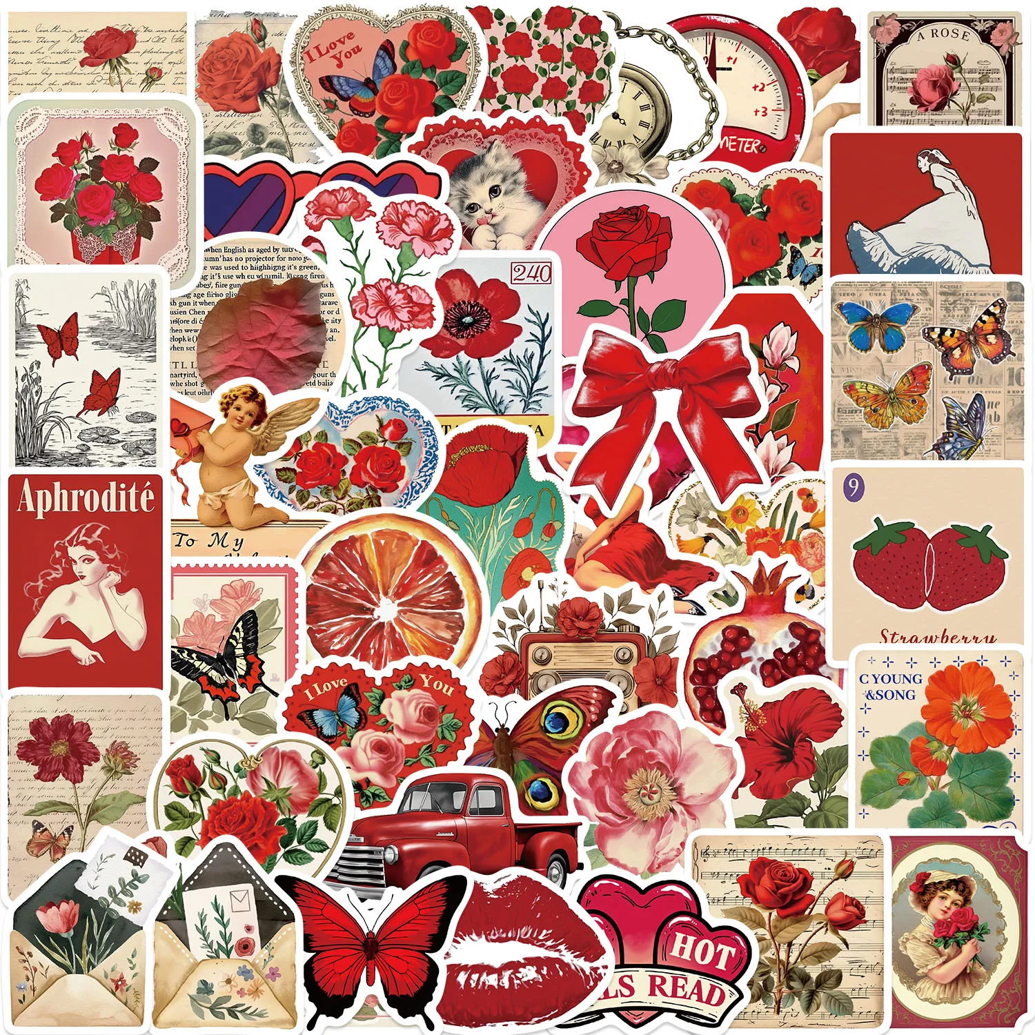 50 STKS Esthetische Rode Stickers Mode DIY Bloem Rose Stickers Scrapbooking Telefoon Bagage Skateboard Waterdichte Decals