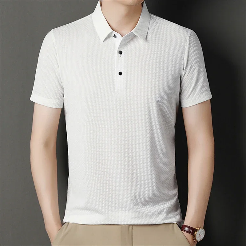 Mens Wrinkle Resistant Polo Shirt Short Sleeve Ice Silk Cool Touch Quick Dry Moisture Wicking for Hot Weather Business Trips