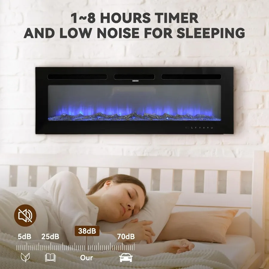 50 Inch Electric Fireplace Wall Mounted and Recessed LED Fireplace with Remote Control 8h Timer 12 Flames Touch Screen InWall F