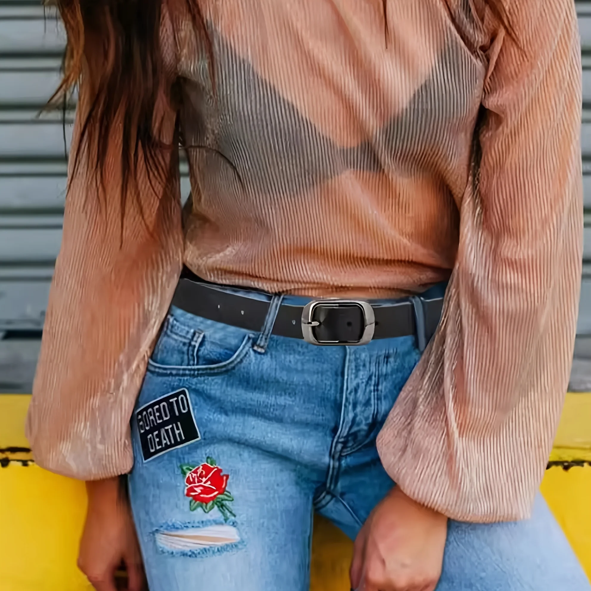 حزام جلد طبيعي فاخر للنساء، تصميم بإبزيم بلون سادة عالي الجودة، أحزمة خصر جينز متعددة الاستخدامات