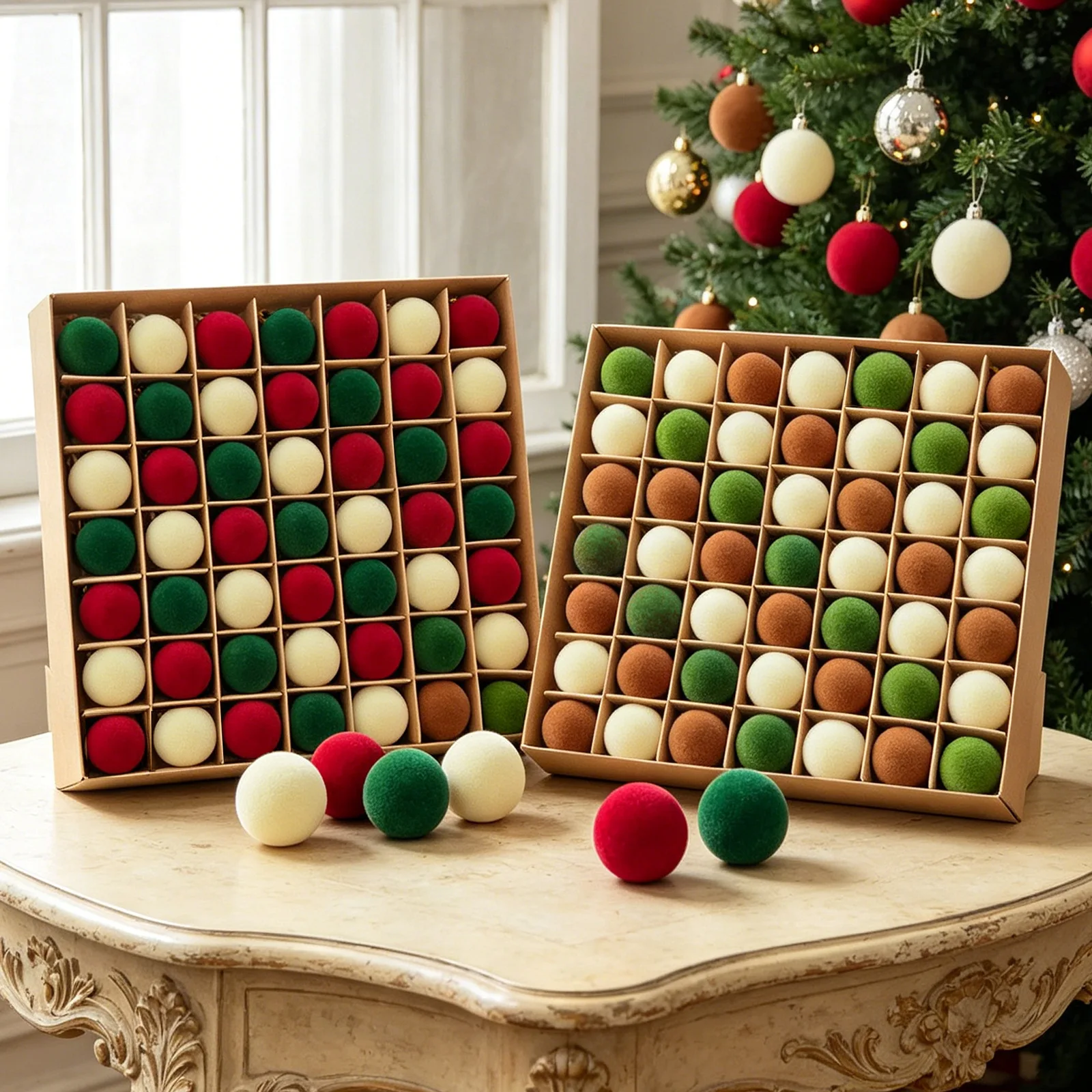 49PCS 3cm Felt Christmas Balls Ornament Set of Christmas Tree Hanging Ornaments Traditional XMAS Tree Family Decoration Supplies