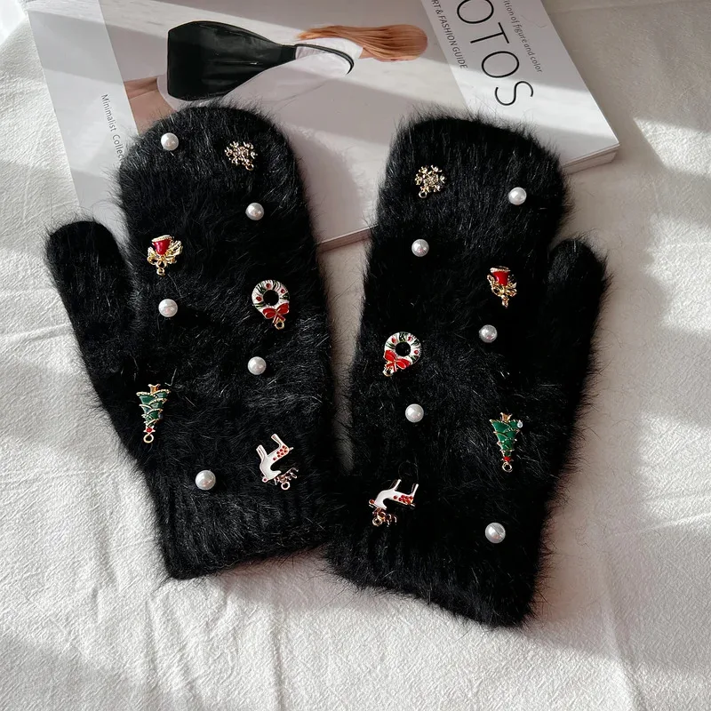 

Merry Christmas Gift Women Winter Gloves Fashion Ornaments Knit Gloves Faux Fur Gloves Color Female