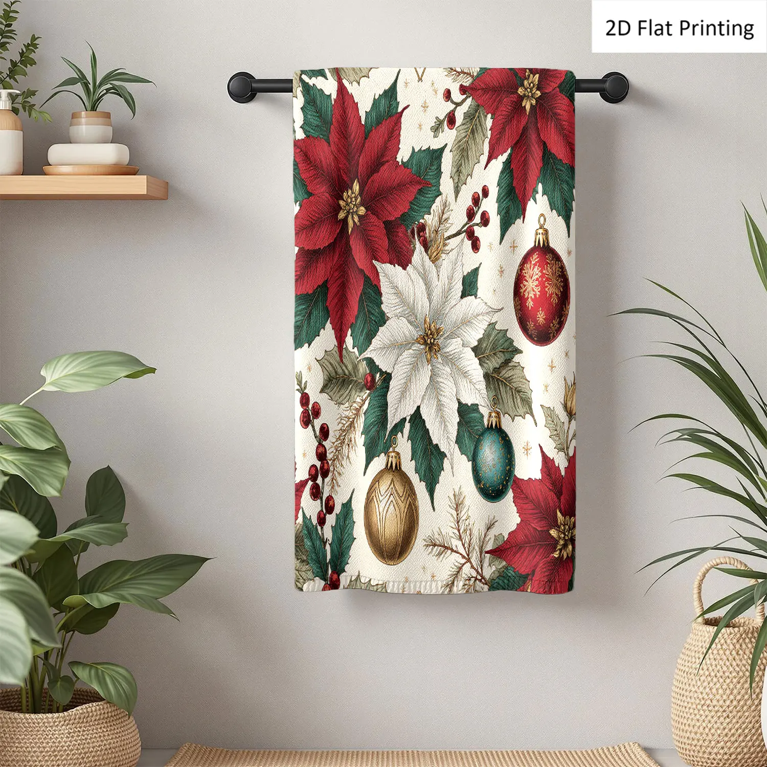 

1Pc Christmas Poinsettia Bauble Red Bathroom Hand Towel Bath Towel, Multiple Size Microfiber Polyester Towel, Unique Home Decorative Kitchen Towels, Festival Bathroom Accessories Decor, Quick Dry and Absorbent