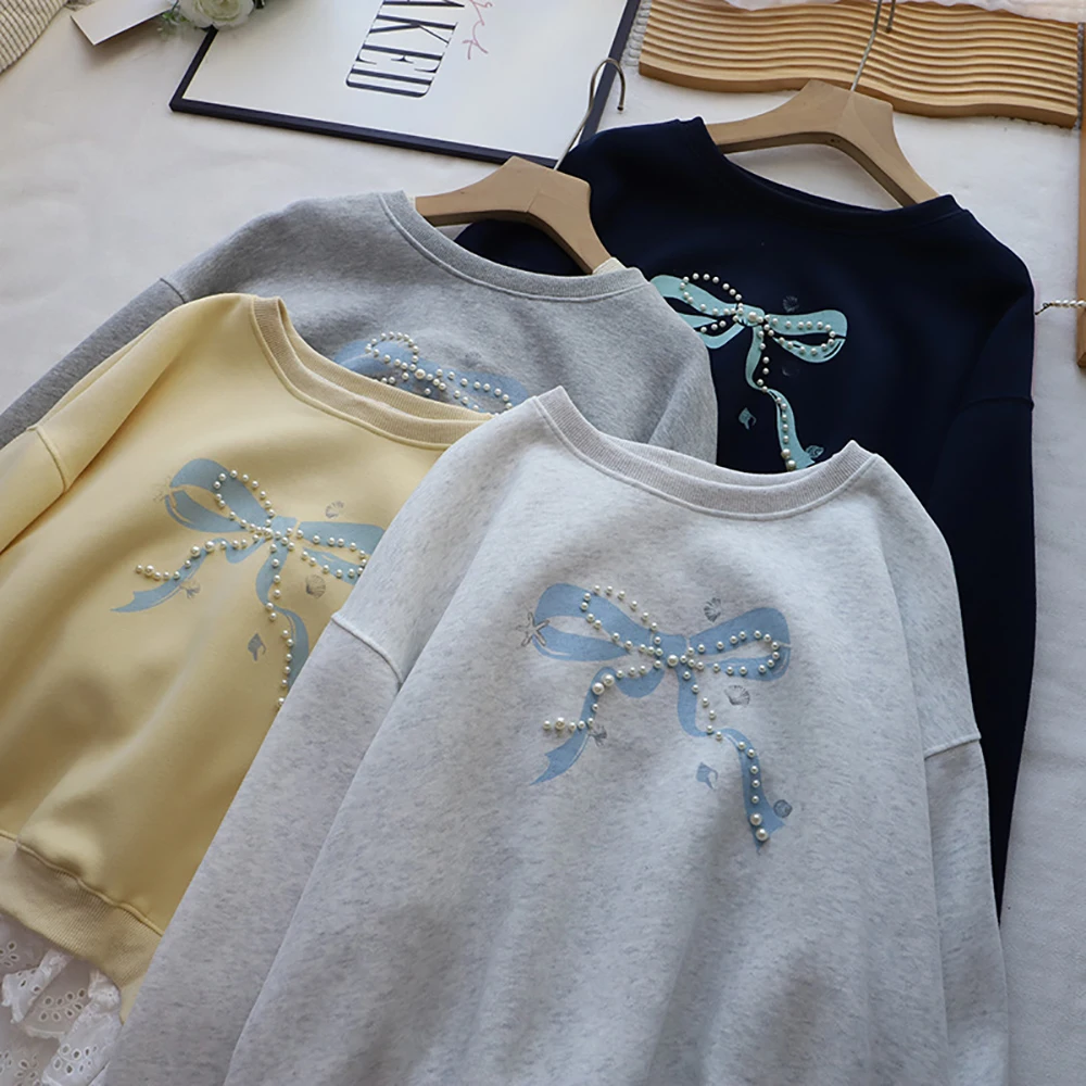 Sweat-shirt coréen en dentelle pour femmes, Patchwork de perles, imprimé avec nœud, col rond, manches tombantes, ample, assorti avec tout, printemps automne