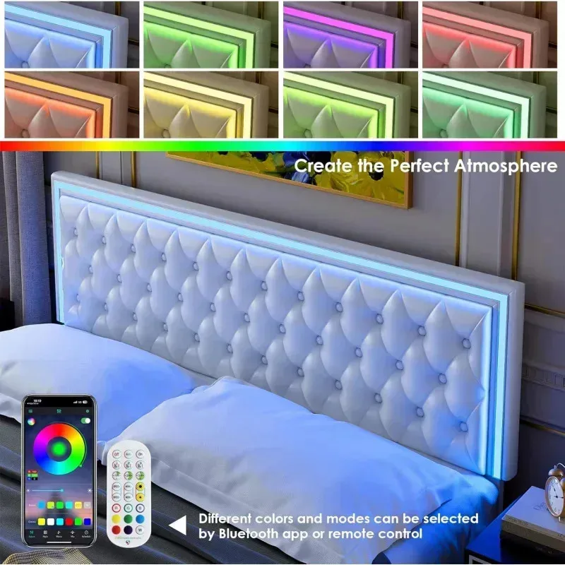 QAZ8-Keuv إطار سرير LED منجد مع 4 أدراج. سرير تخزين بمنصة من جلد البولي يوريثان مع لوح رأسي معنقدة بزر قابل للتعديل #4