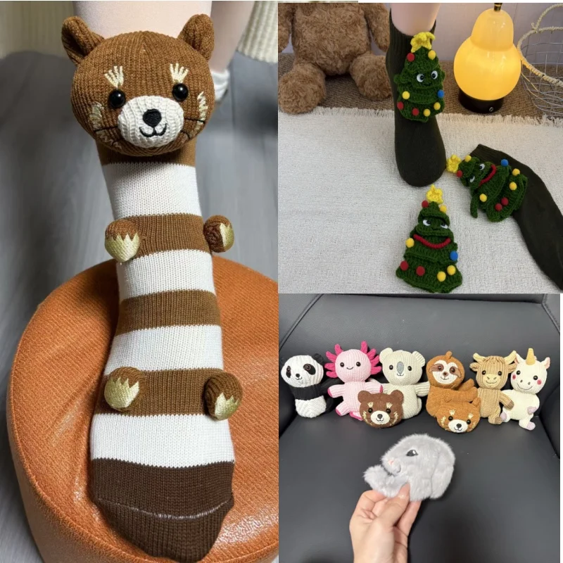 High Quality 3D Knitted Cute Animal Floor Socks Fun Novelty Handmade Crocheted Warm Socks Cubic Sloth Panda Christmas Gifts