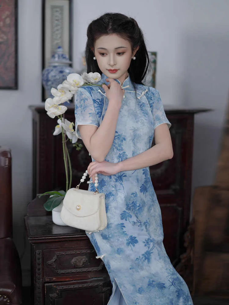 

Синее длинное платье в винтажном китайском стиле, новая весенне-летняя коллекция, модное, высококачественное, с низким разрезом, для повседневной носки, полиэстер