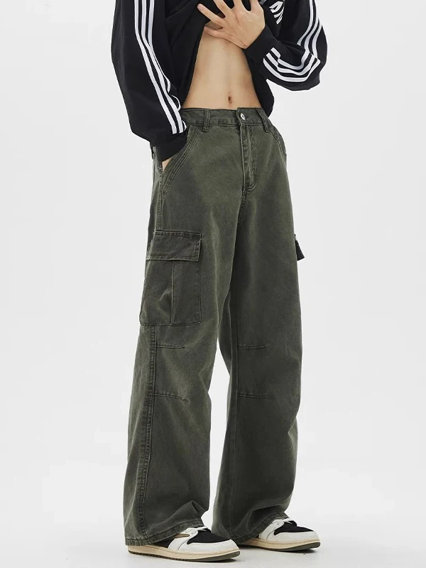 الرجعية الأمريكية ملابس العمل السراويل الرجال ربيع 2025 فضفاض واسعة الساق عادية الدينيم الجينز متعدد كيت الترفيه مستقيم قطع الجينز