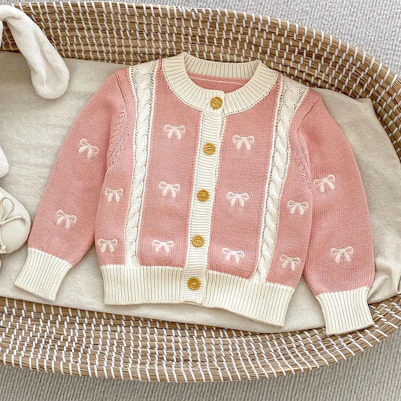 Newborn Baby Girls Clothes Suit Autumn Kids Suit Knit Infant Baby Girls Clothing Set Embroidered Bow Knitted Cardigan+Jumpsuit