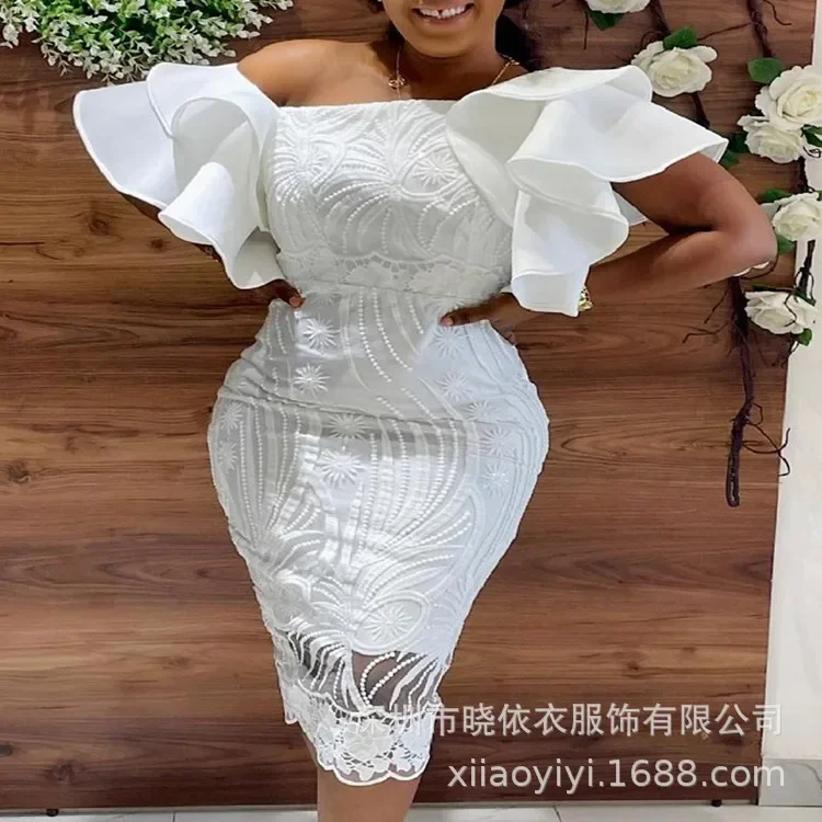 Women White Mid Length Dress Lace Sexy Ruffles Party High Waist Lace Floral Slash Neck Splice Pencil Dresses Summer Vestidos
