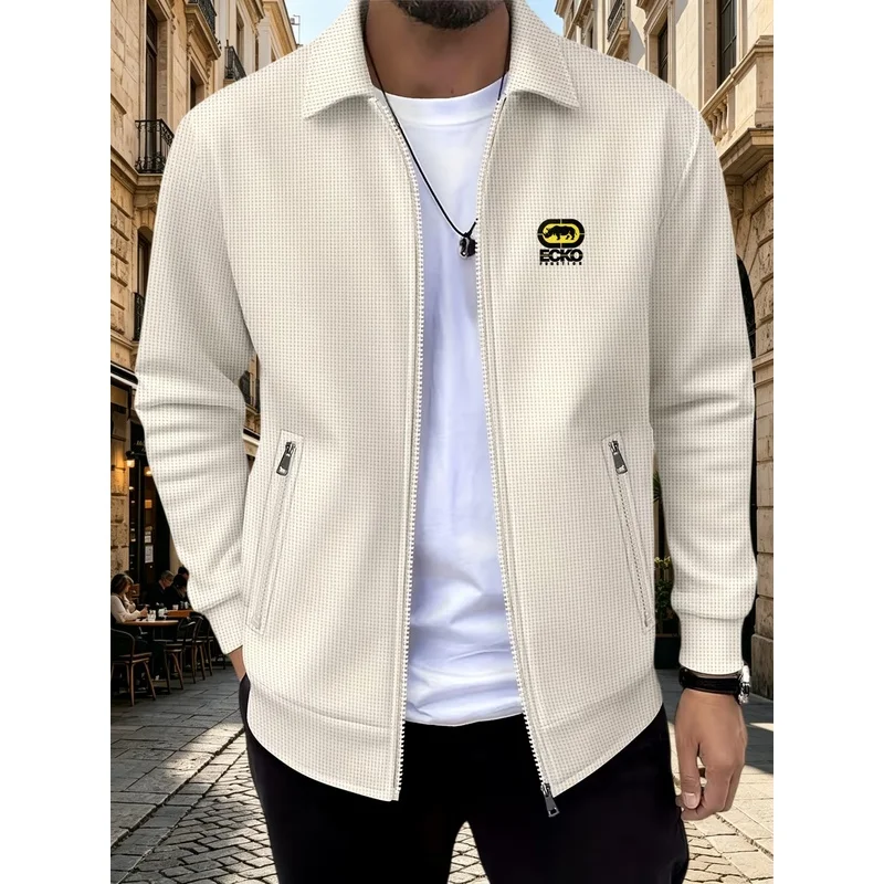 Men Spring Autumn Waffle Jacquard Jacket Lapel Full Zip Coat Chest Rhino Logo Print Long Sleeve Casual Outerwear Zipper Pockets