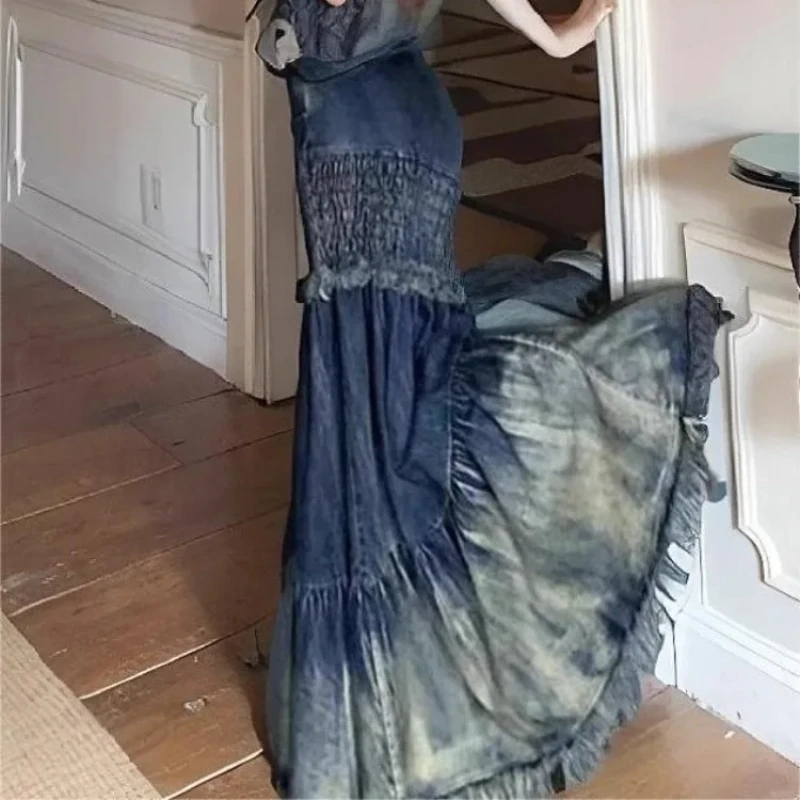 2025 ใหม่Patchwork Denim FishtailกระโปรงY2kแฟชั่นChicพู่กระโปรงผู้หญิงความยาวกลางSlimเอวFaldaเซ็กซี่Mujer