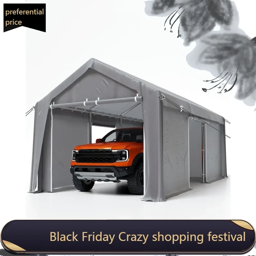 Carport 13'x20' Portable Garage, 14 Mil PE Canopy & 1.0 mm Thick Heavy Duty Steel Poles, and 4 Roll-up Side Doors, for Fullsize