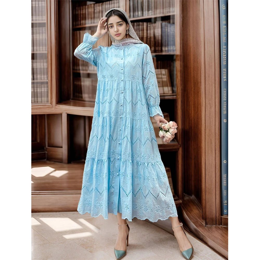 Fashion Single-Breasted Shirt Dress Women Casual Hollow Out Maxi Dress Vintage Loose Big Hem Islamic Lace Dress Vestidos Autumn