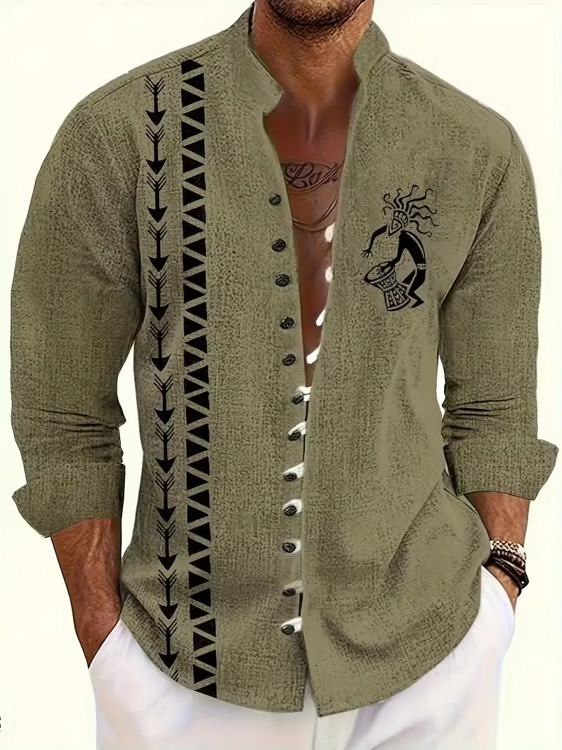 Men's Fashionable 3D Printed Shirt, Gecko Pattern Printed Tribal Totem Pattern Printed, Personalized Stand Up Collar Casual Shir