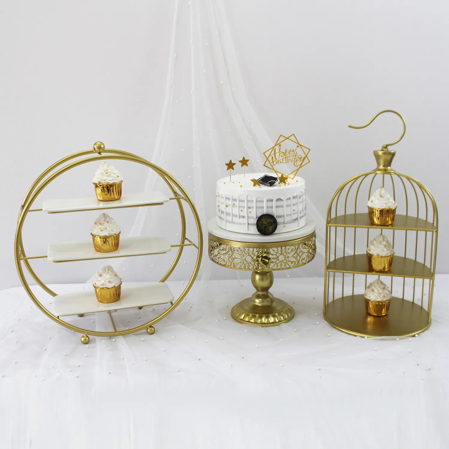 Cake Tray Dessert Table Birthday Custom Round Christmas Luxury Floating Metal Gold 3 Tier Wedding Cake Stand Sets
