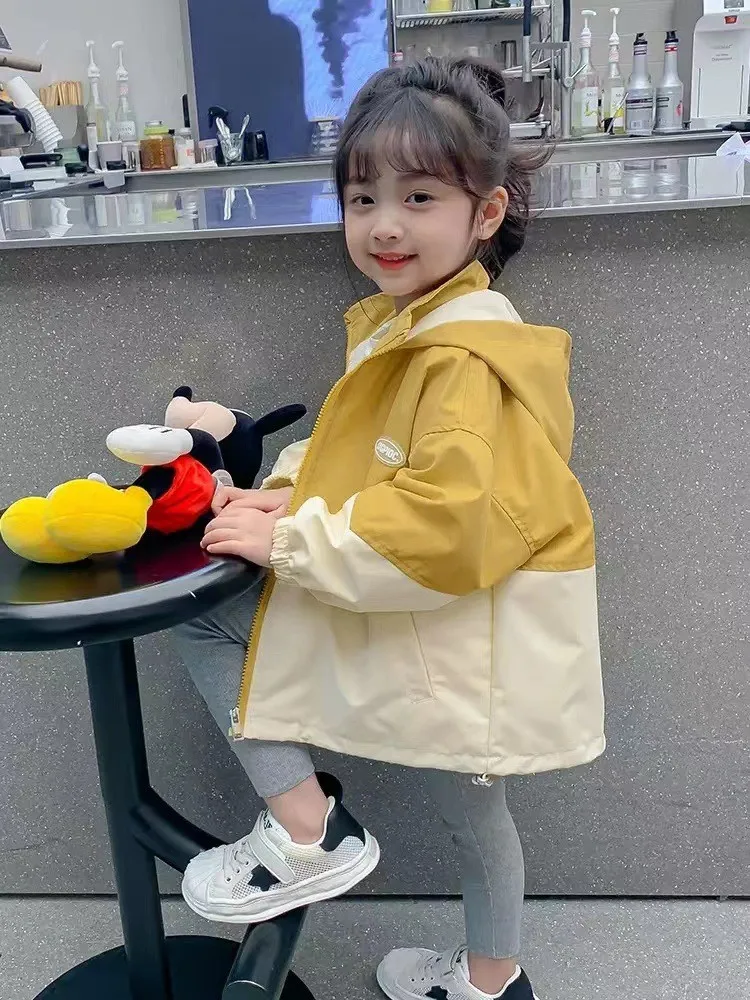 1-12 سنة الفتيات Colorblocking خندق معاطف الربيع موضة جاكت مزود بغطاء للرأس الخريف الأطفال ملابس جديدة عادية سستة ملابس خارجية #4