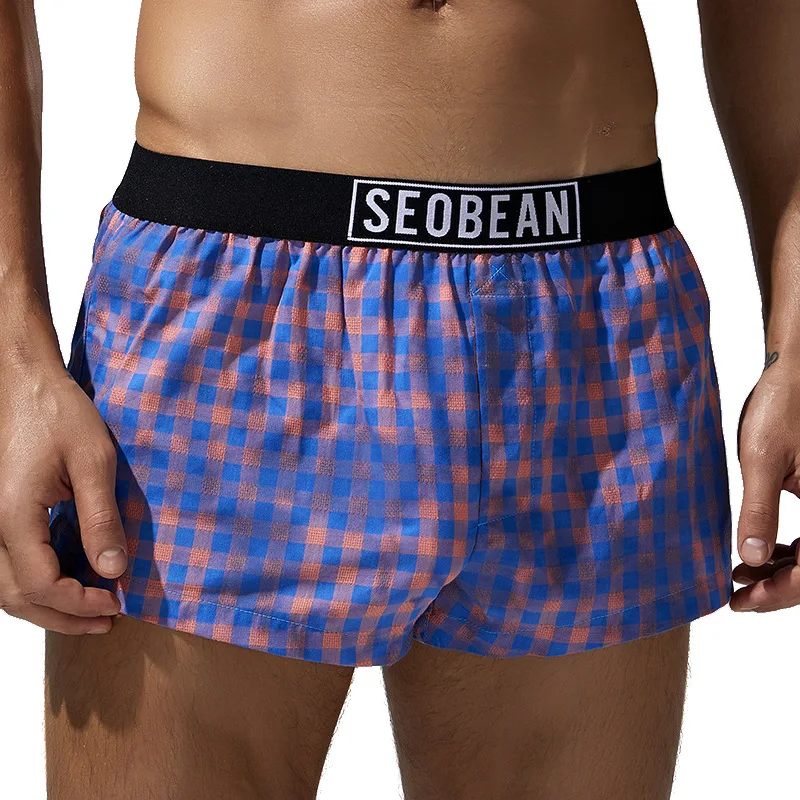 SEOBEAN 남성 속옷 홈 팬츠 코튼 편안한 체크무늬 로우 웨이스트 라운지 통기성 복서 팬츠 알로하 팬츠 240505 510086