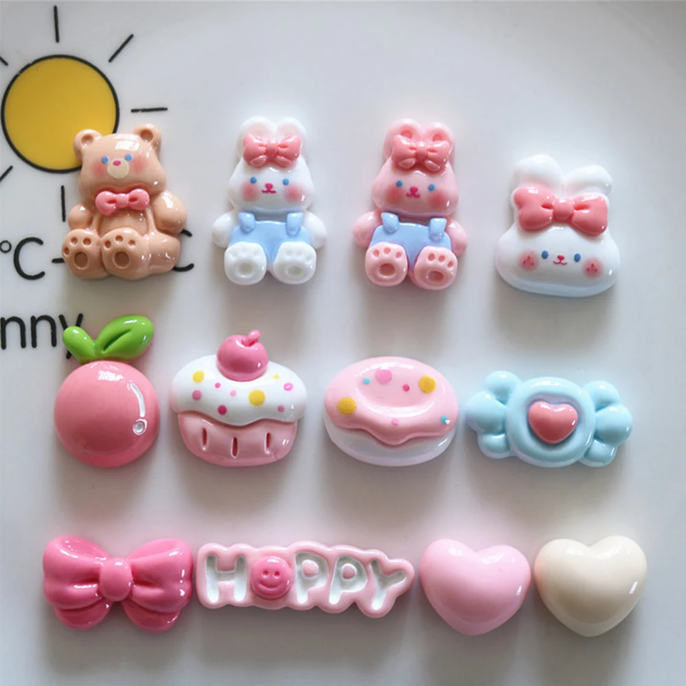 10PCS Kawaii Shiny Candy Rabbit Miniature Flat Back Resin Cabochons For Hairpin Scrapbooking DIY Home Decor Craft Accessories