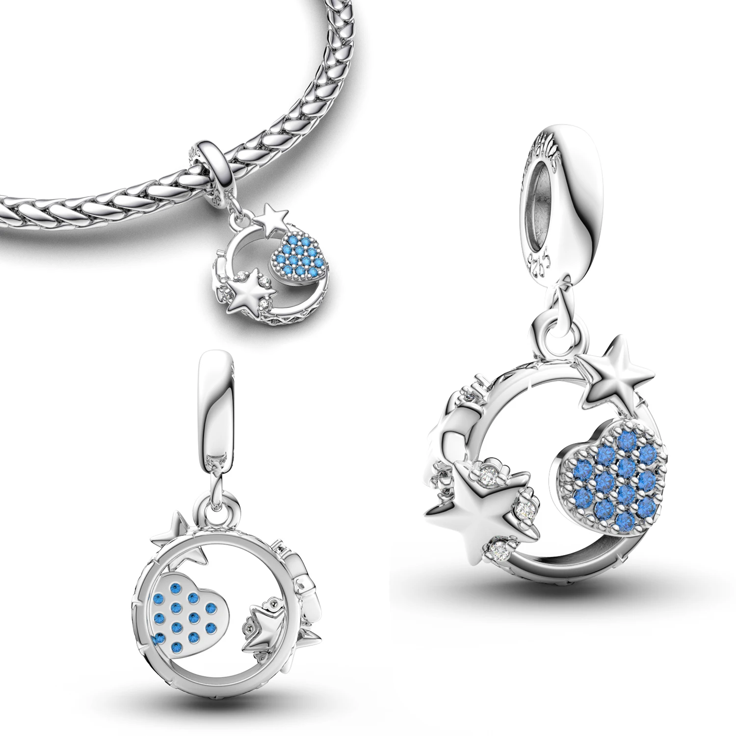 

925 Sterling Silver Globe Dangle Charm Pave Blue CZ Fit Original Bracelet & Necklace Travel World Jewelry