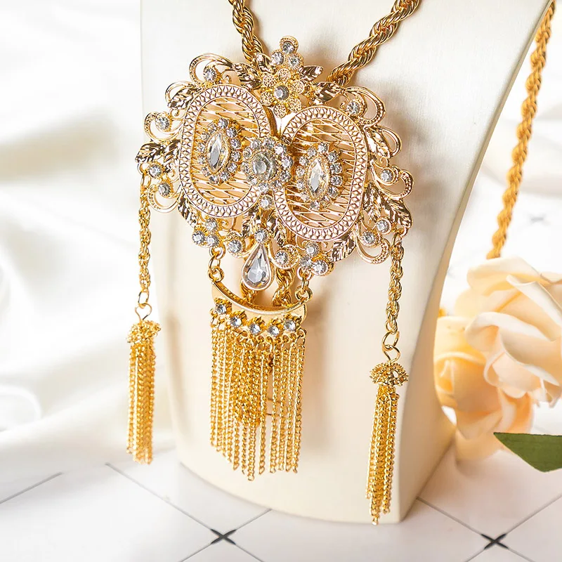 

Luxury Golden Plated Necklace Intricate Filigree with Crystal Long Tassel Detail Ideal for Middle Eastern Bridal Gowns