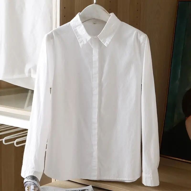 Biała koszula damska z długim rękawem z czystej bawełny, profesjonalna, na wiosnę i jesień, luźna, wyszczuplająca, z ukrytymi guzikami, modna odzież damska.