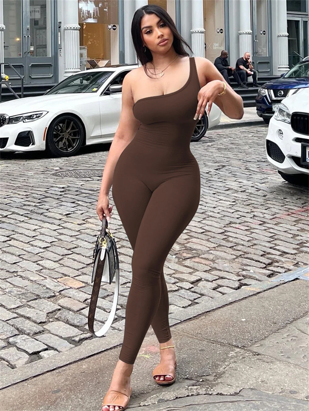 2024 spring women's new solid color one-shoulder slim-fit hip lift exercise bodybuilding jumpsuit women