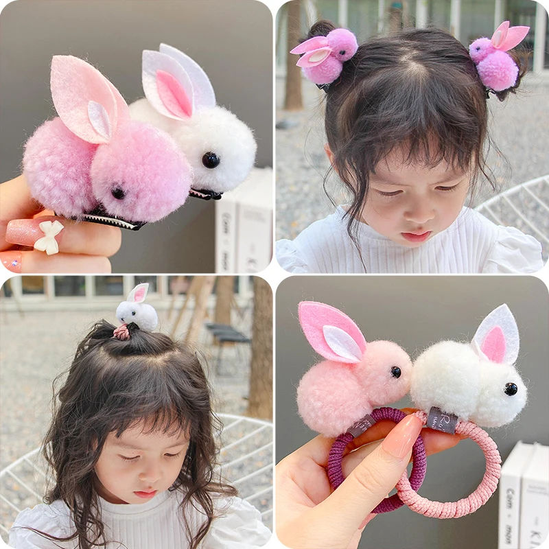 

2PCS Cute Hair Ball Rabbit Hair Clip For Children Girl Animal Hairpins Korea Hair Accessories Headwear Barrette Stick Hairpin