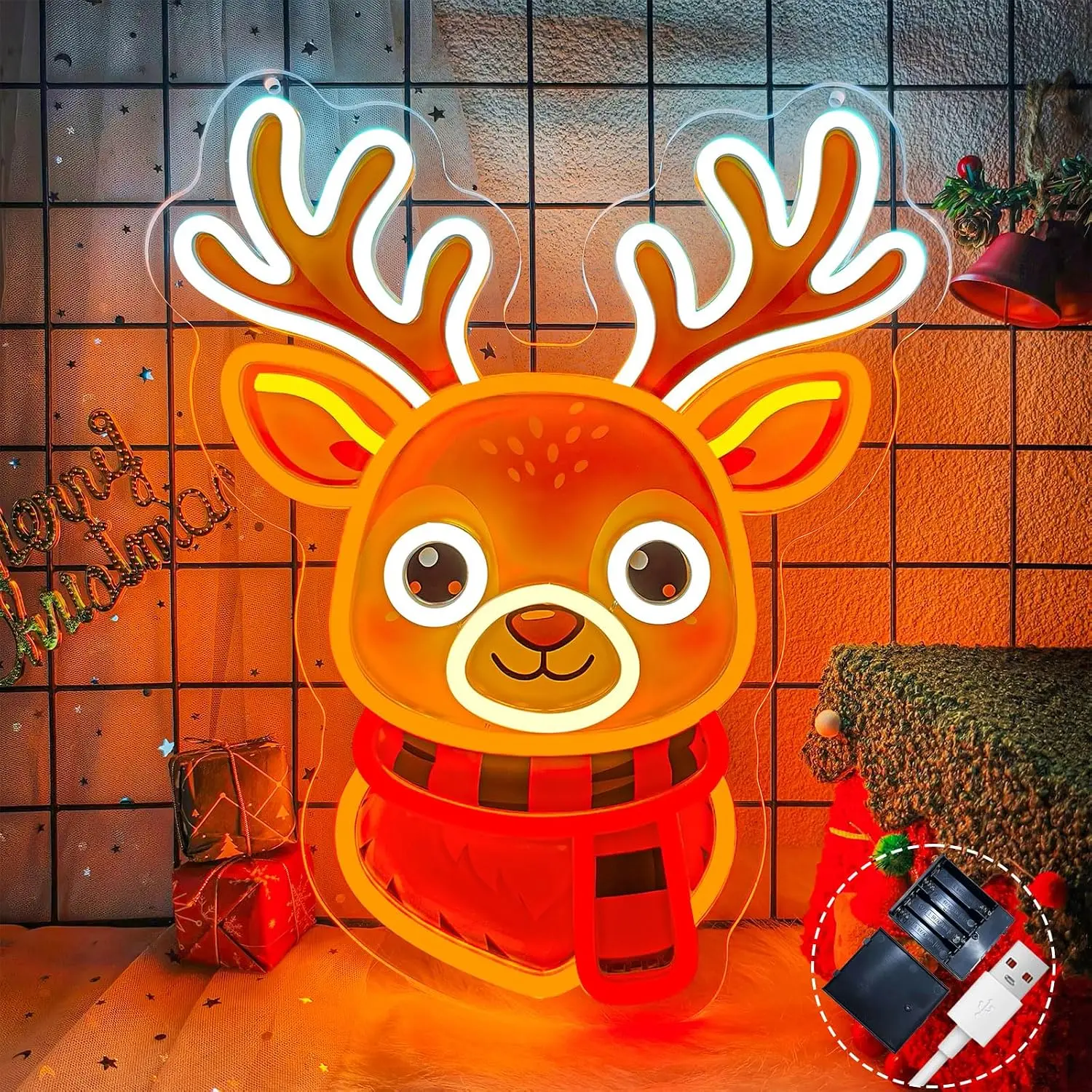 Reindeer Neon Light Christmas LED Glowing Sign for Holiday Party Home Bedroom Bar Gaming Room Wall Decor USB Powered Neon Light