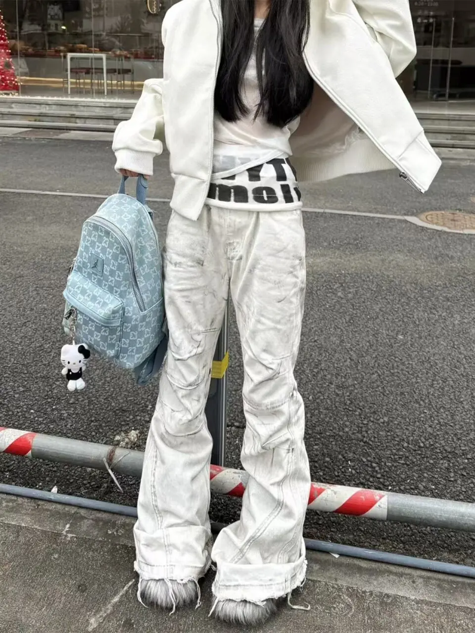 Street Style Ombre Tie Dye Jeans Men Loose Slimming Drapey Flared Floor-Length Trendy Casual High Waist Distressed Denim