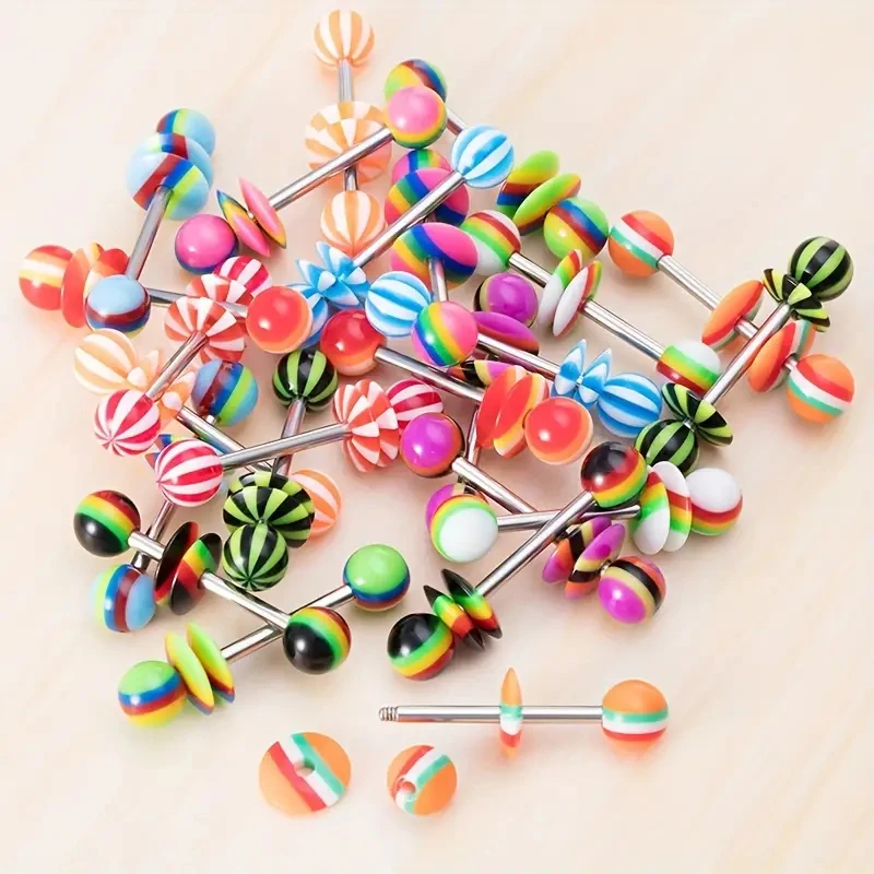 5pcs / Set barra de acero inoxidable rayado color mixto bola de acrílico disco ajustable barbell lengua anillo pezón joyería de perforación sexy