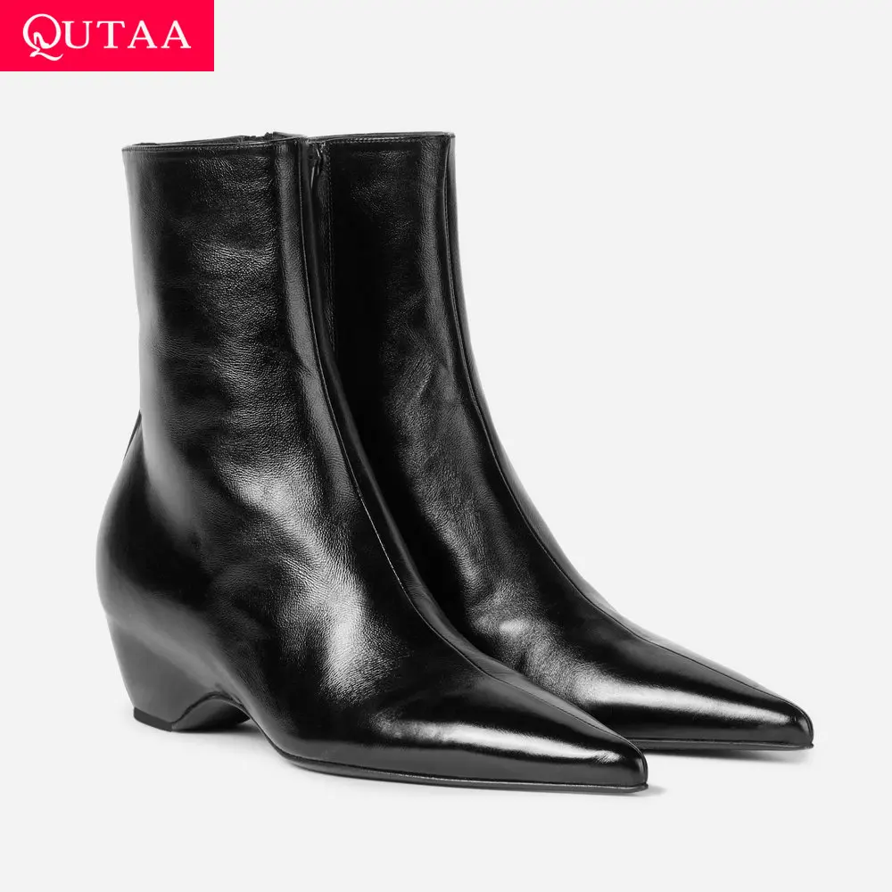 נעלי קרסול לנשים QUTAA Fashion News מעור פרה לחורף עם עקב גבוה, קדמה מחודדת ורוכסן, מידות 34-42