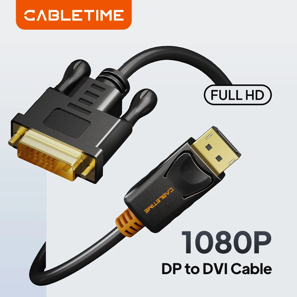 CABLETIME Display-porta para cabo DVI 1.8M DP para DVI adaptador conversor de cabo Displayport entrada para saída DVI para HP C074