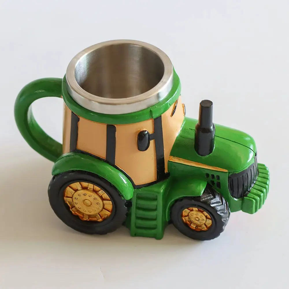 Creative Tractor-Shaped Mug with Green Cartoon Resin Shell + Stainless Steel Inner Lining, Fun Decorative Piece Drinkware