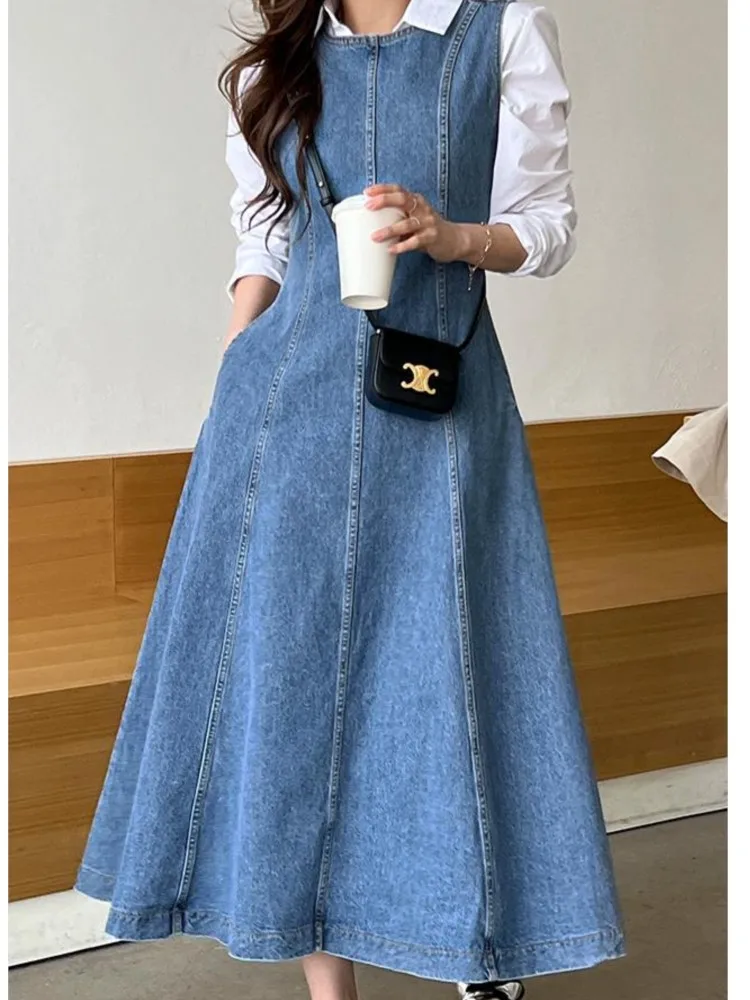 Denim Summer Sleeveless Vests Dress Women Slim Casual Fashion Ruffle Ladies Dresses Korean Style Pleated Woman Long A-Line Dress