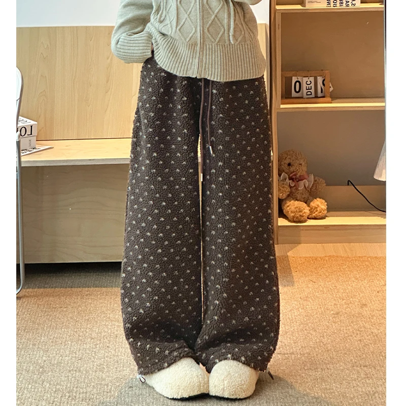 Autumn Winter Lamb Velvet Checked Casual Pants Women's High Waist Long Knitted Thickened Fleece Polka Dot Patterned Trousers