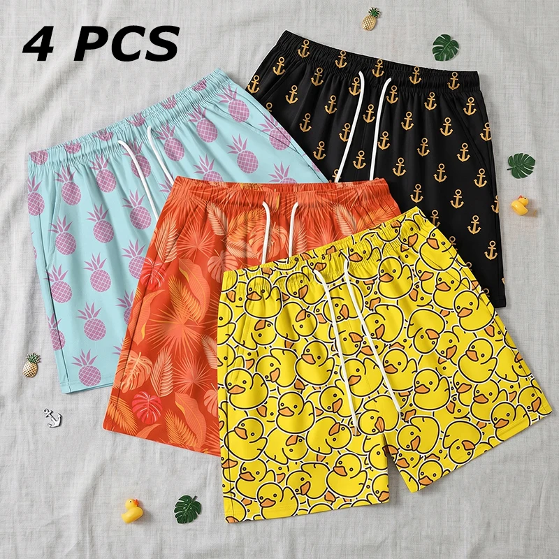 4 Piece Set Men's All Over Print Beach Shorts with Compression Liner Casual Funny Board Shorts with Phone Pocket and Side Pocket