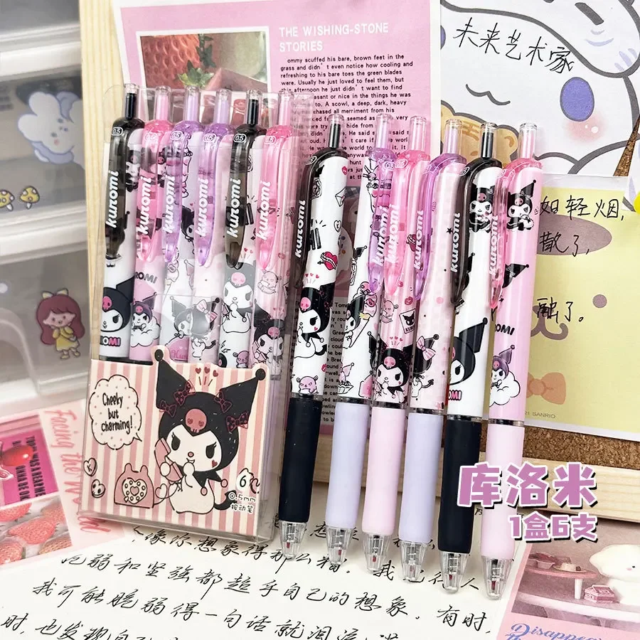 Sanrio 6pcs Series Gel Pen 0.55mm Refill Hello Kitty Y2k Cinnamoroll Kuromi MelodyCartoon Press Pen Black Stationery Supplies