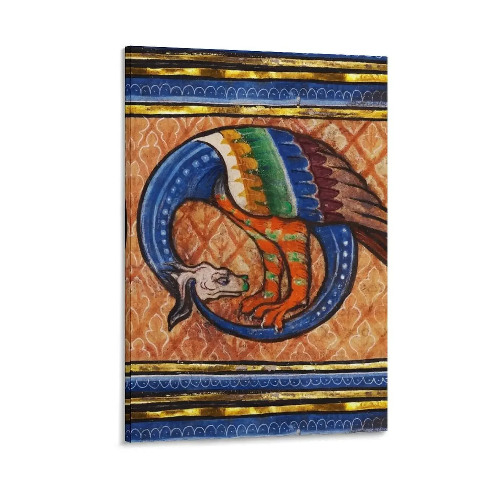 

MEDIEVAL BESTIARY, SNAKE DRAGON in Gold Blue Orange Colors Canvas Painting Decoration anime decoration Decoration for bedroom