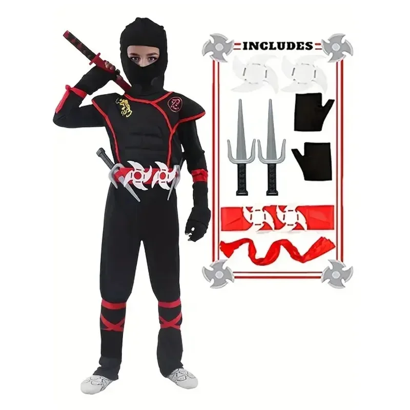 2025 New Carnival Boys Kids Ninja Costume Cosplay Assassin Samurai Warrior Muscle Jumpsuit Children Halloween Fancy Dress Up AA