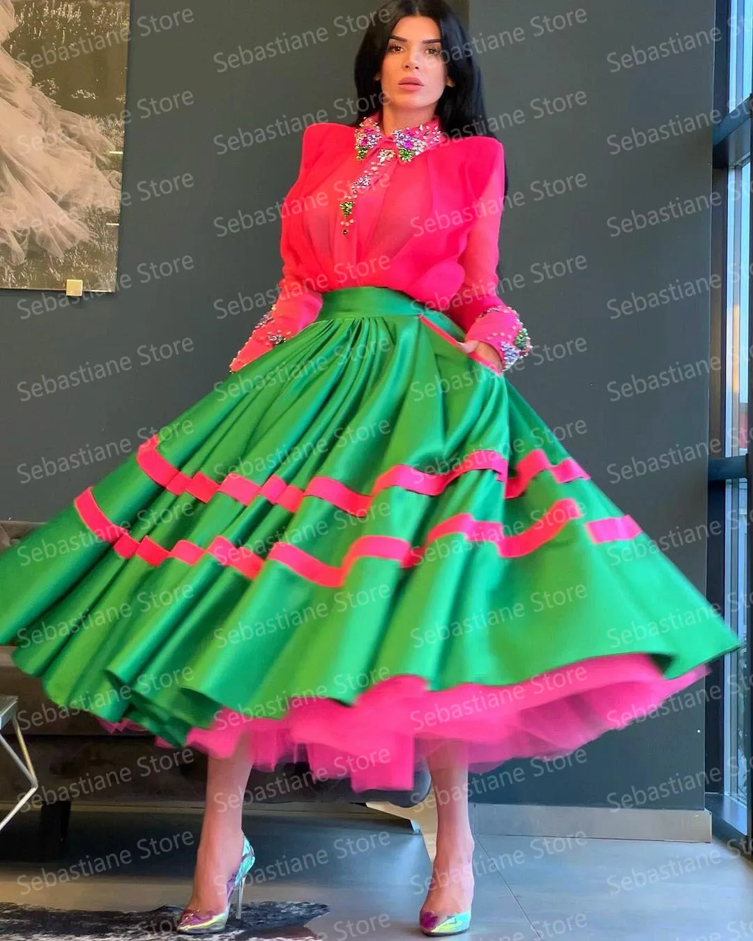 Vestidos elegantes de dos piezas para mujer, vestidos de fiesta de noche, mangas largas, cristales coloridos, plisados, vestidos de baile, hecho a medida, talla grande