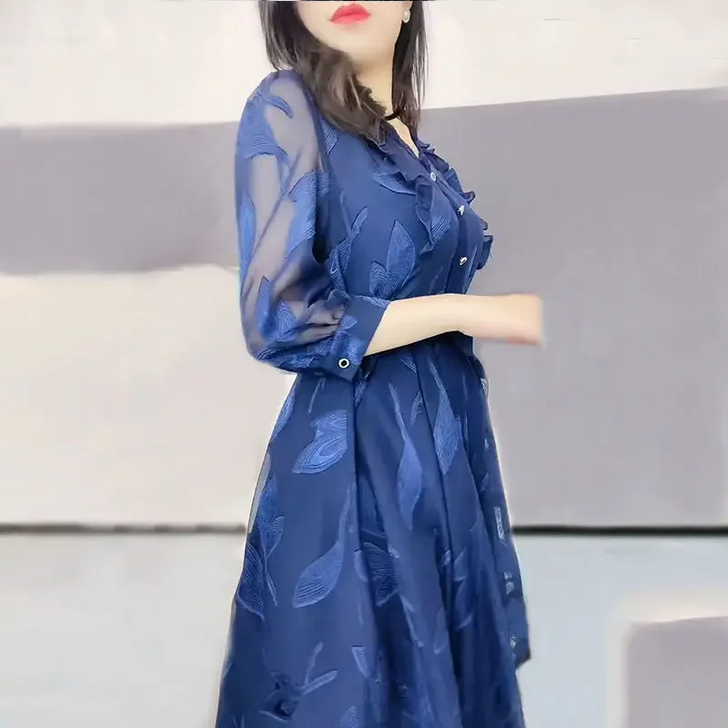 

New Women's Clothing Temperament V-neck Skinny Summer Thin Printing Three Quarter Sleeve Casual Button Patchwork Dresses S726