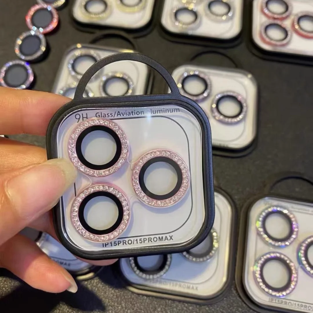 Protetor de lente de câmera flash de diamante, 2-3 peças para iphone 17 16  15 pro max 14 15 plus 12 13 mini brilho tijolo anel de metal lente de vidro  / Acessórios para celulares, image size:1080x1080