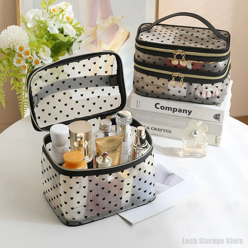 Nylon Mesh Cosmetic Bag Zipper Heart Shaped Toiletry Organizer Makeup Bags Multifunctional Women Lipstick Key Coin Purse Pouch